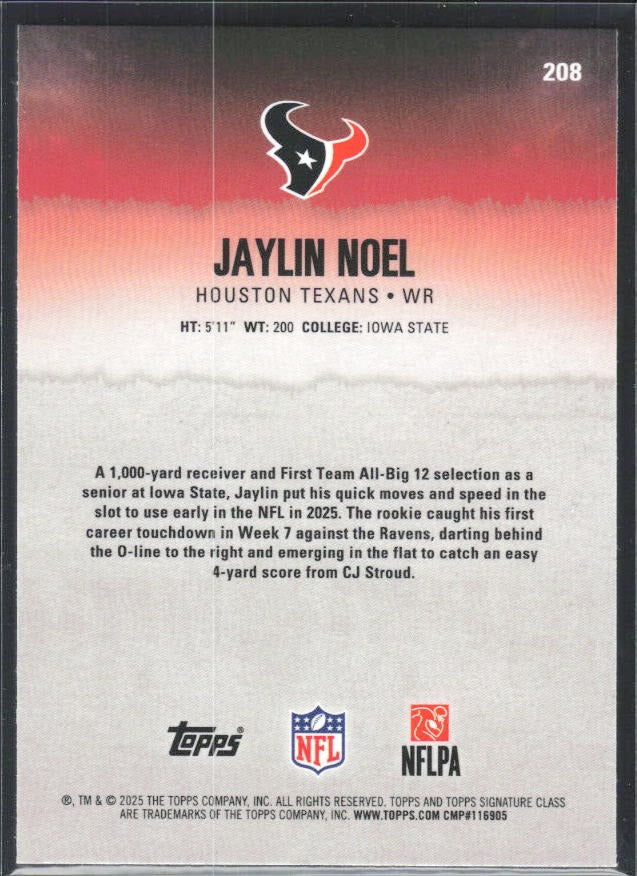 Jaylin Noel 2025 Topps Signature Class Football #208 – baksida