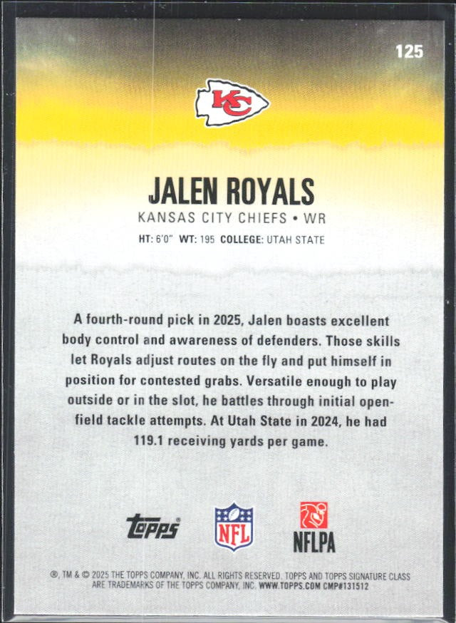 Jalen Royals 2025 Topps Signature Class Football #125 – baksida