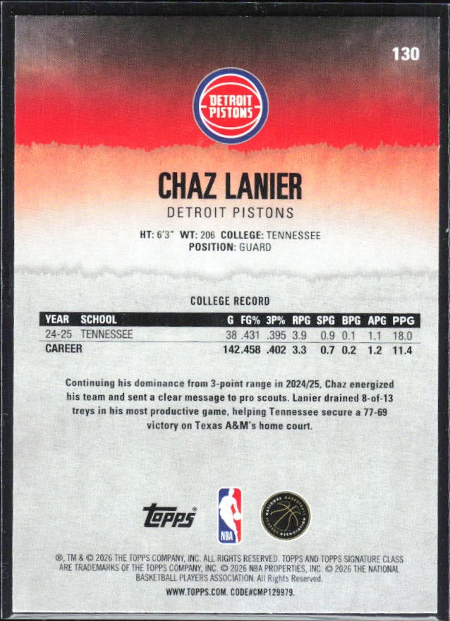 Chaz Lanier 2025-26 Topps Signature Class Basketball #130 – baksida