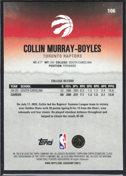 Collin Murray-Boyles 2025-26 Topps Signature Class Basketball #106 – baksida