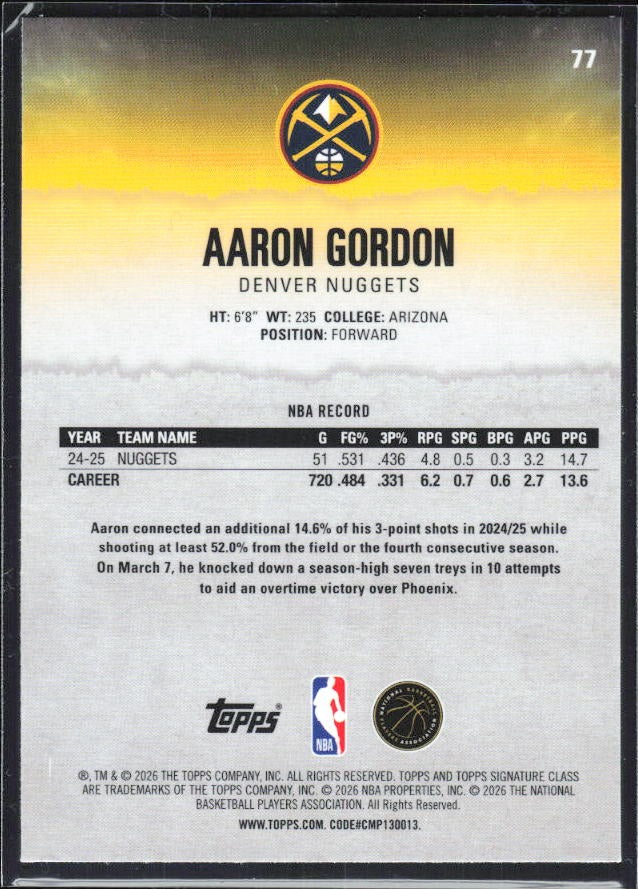 Aaron Gordon 2025-26 Topps Signature Class Basketball #77 – baksida