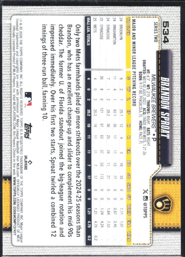 Brandon Sproat 2026 Topps Series 2 #534 – baksida