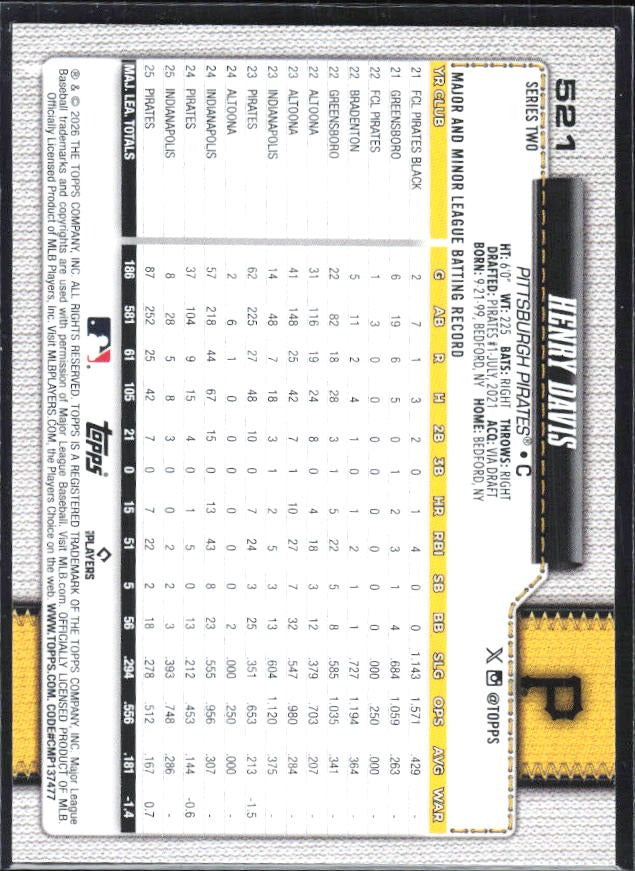 Henry Davis 2026 Topps Series 2 #521 – baksida