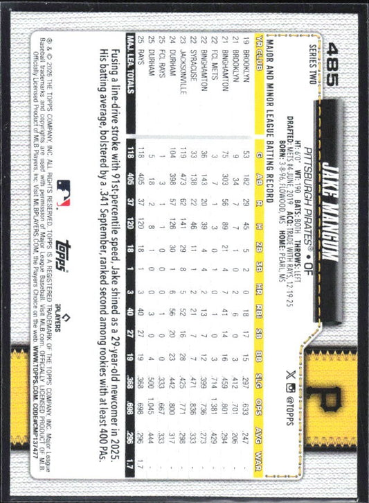 Jake Mangum 2026 Topps Series 2 #485 – baksida