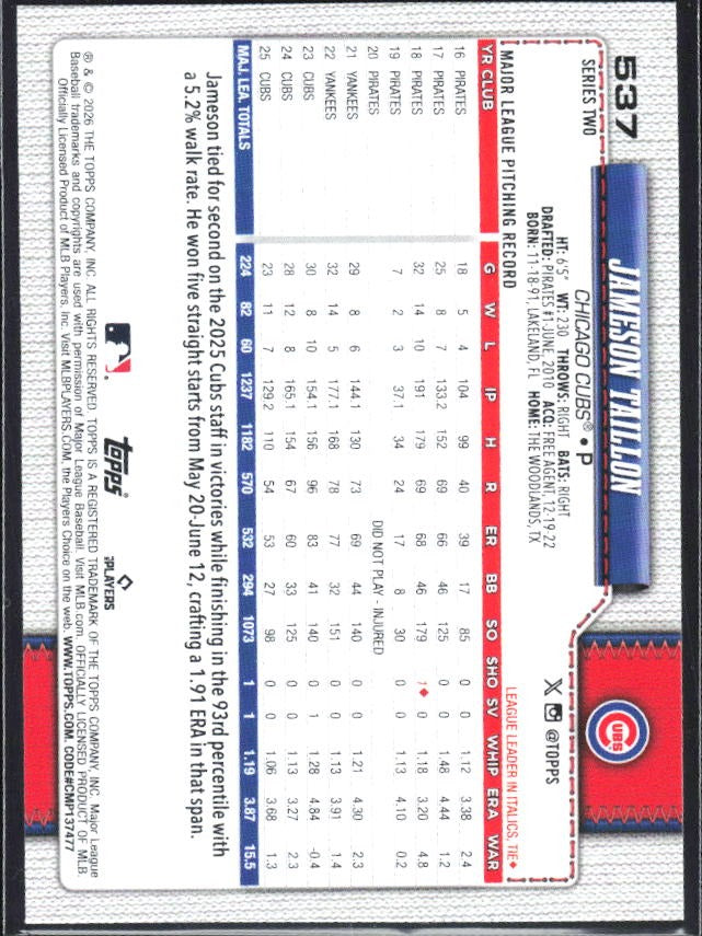 Jameson Taillon 2026 Topps Series 2 #537 – baksida