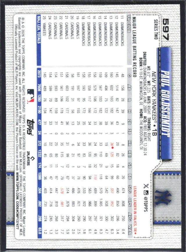 Paul Goldschmidt 2026 Topps Series 2 #597 – baksida