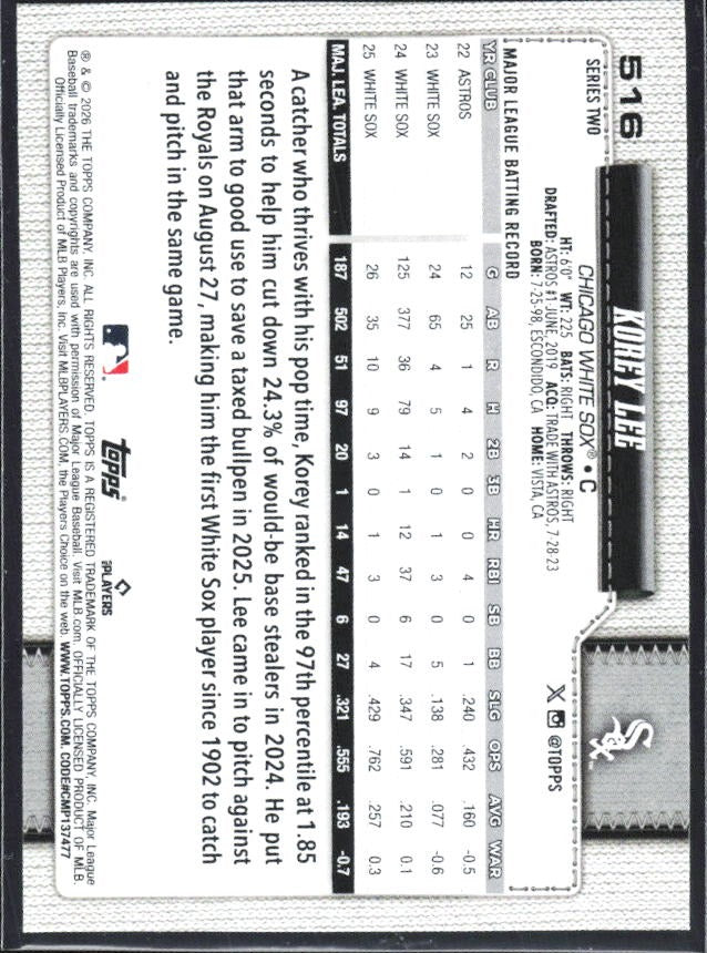 Korey Lee 2026 Topps Series 2 #516 – baksida
