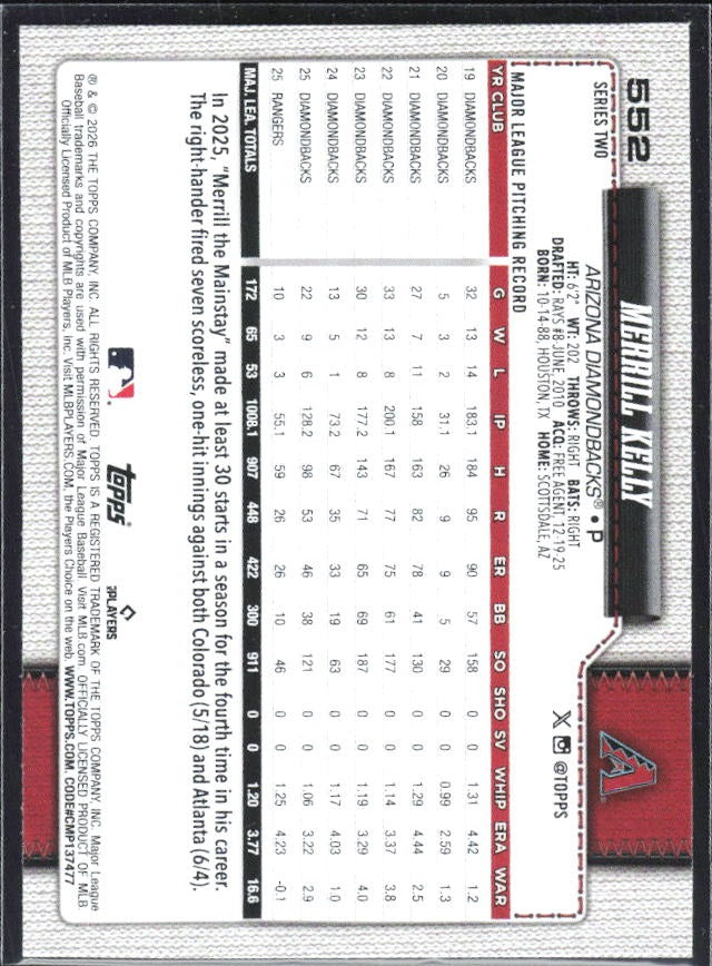 Merrill Kelly 2026 Topps Series 2 #552 – baksida