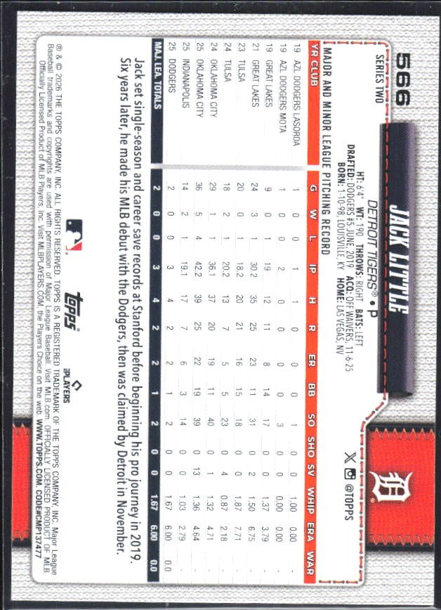 Jack Little 2026 Topps Series 2 #566 – baksida