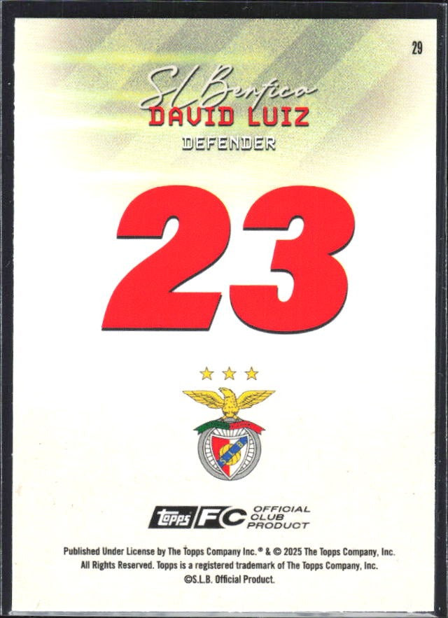 David Luiz 2025-26 Topps Benfica Pitch Pursuits #29 – baksida