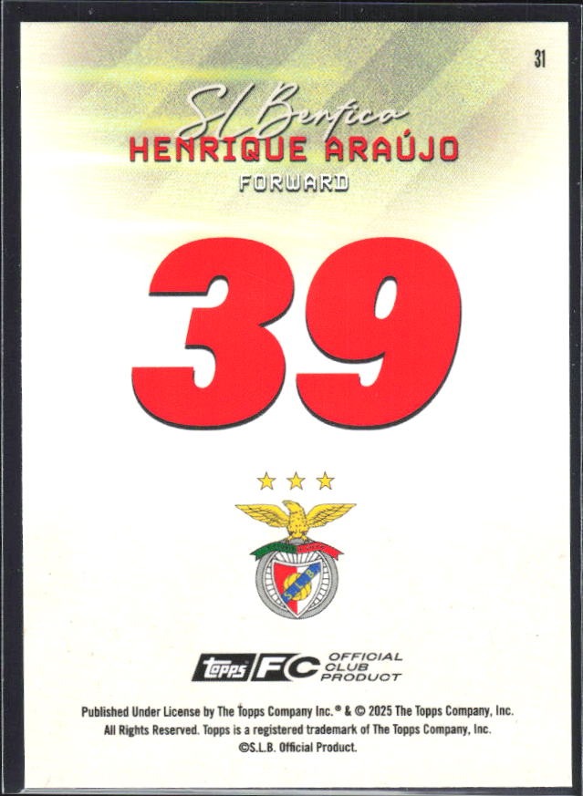 Henrique Araújo 2025-26 Topps Benfica Pitch Pursuits #31 – baksida
