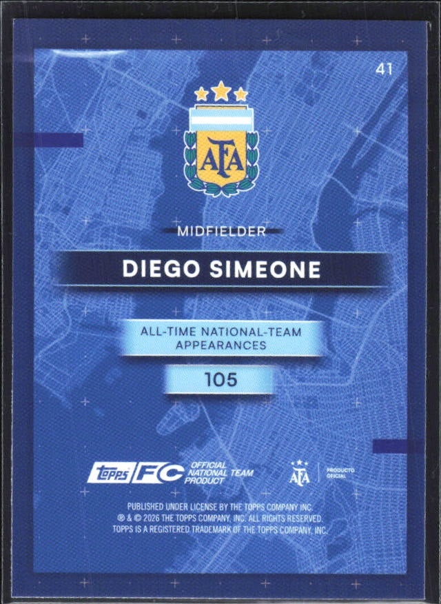 Diego Simeone 2026 Topps Argentina AFA in the Apple #41 – baksida