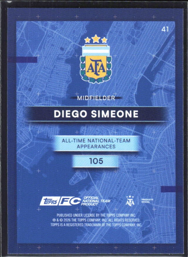 Diego Simeone 2026 Topps Argentina AFA in the Apple #41 – baksida