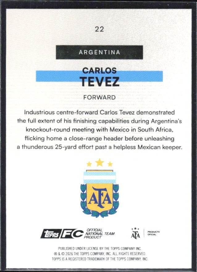 Carlos Tevez 2026 Topps Argentina Bona Fide Baller #22 – baksida