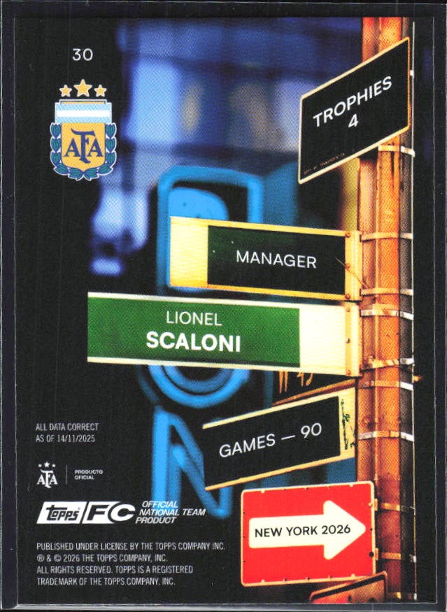 Lionel Scaloni 2026 Topps Argentina Block #30 – baksida