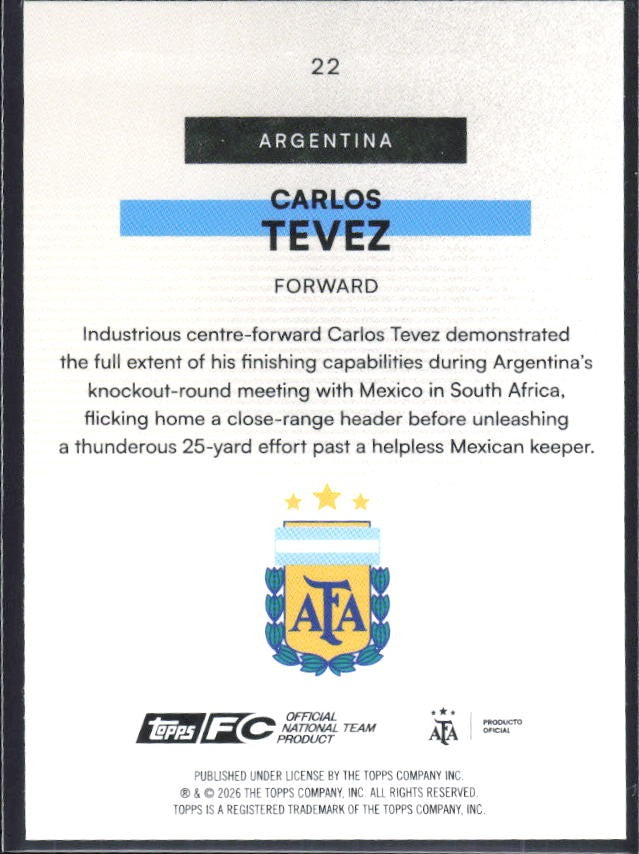 Carlos Tevez 2026 Topps Argentina Bona Fide Baller #22 – baksida