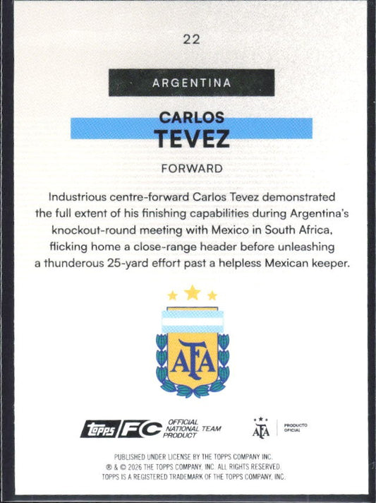 Carlos Tevez 2026 Topps Argentina Bona Fide Baller #22 – baksida