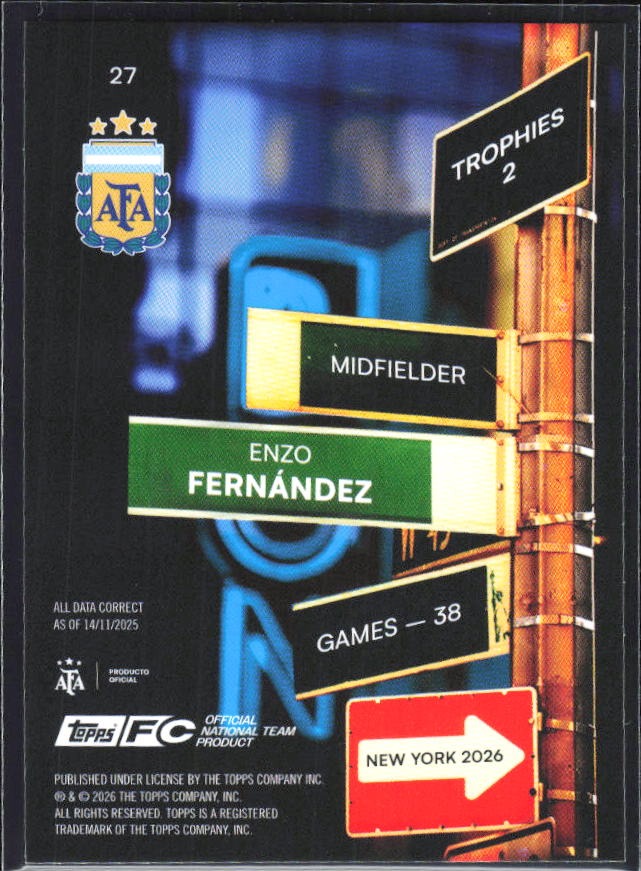 Enzo Fernández 2026 Topps Argentina Block #27 – baksida