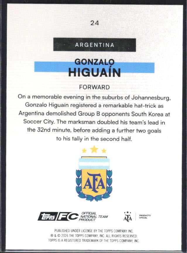Gonzalo Higuaín 2026 Topps Argentina Bona Fide Baller #24 – baksida