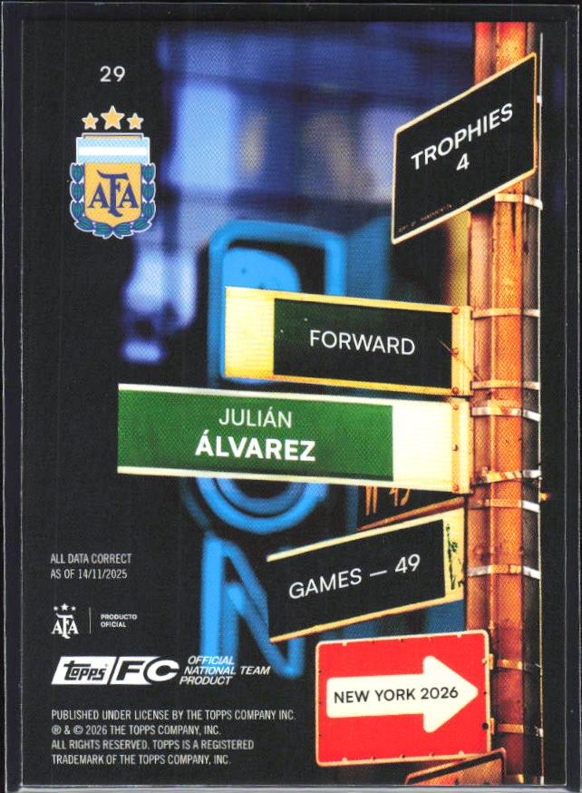 Julián Álvarez 2026 Topps Argentina Block #29 – baksida