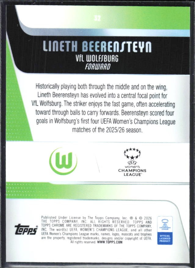 Lineth Beerensteyn 2025-26 Topps Chrome UWCL #32 – baksida