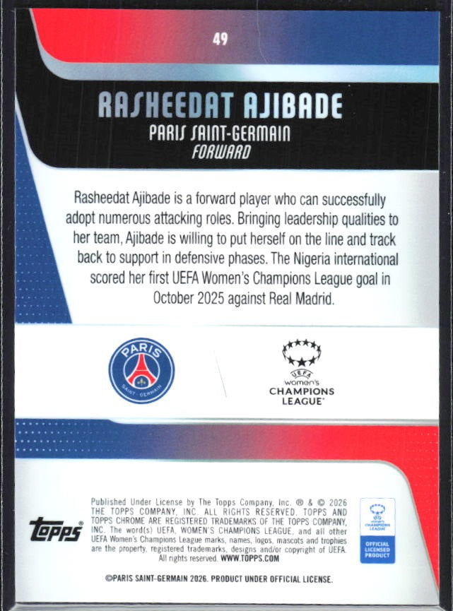 Rasheedat Ajibade 2025-26 Topps Chrome UWCL #49 – baksida