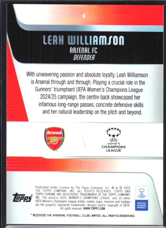 Leah Williamson 2025-26 Topps Chrome UWCL #4 – baksida