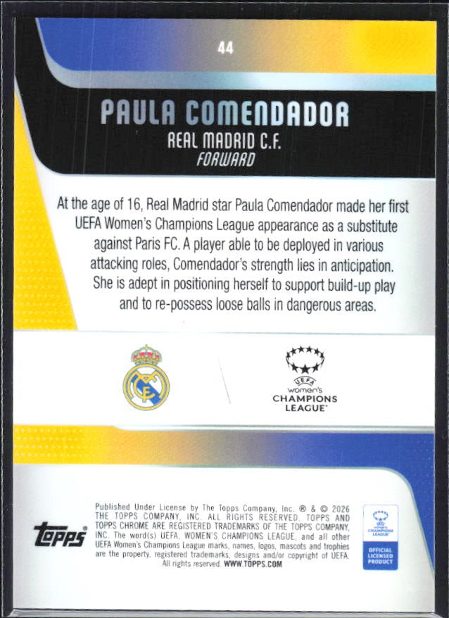 Paula Comendador 2025-26 Topps Chrome UWCL Future Stars #44 – baksida