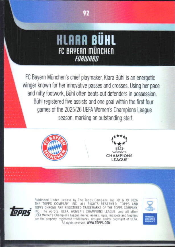 Klara Bühl 2025-26 Topps Chrome UWCL #92 – baksida