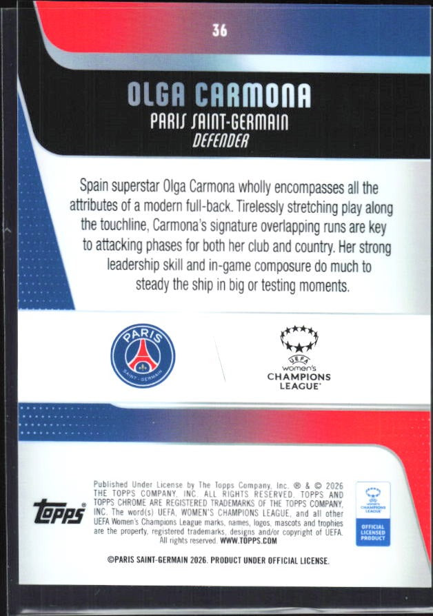 Olga Carmona 2025-26 Topps Chrome UWCL #36 – baksida