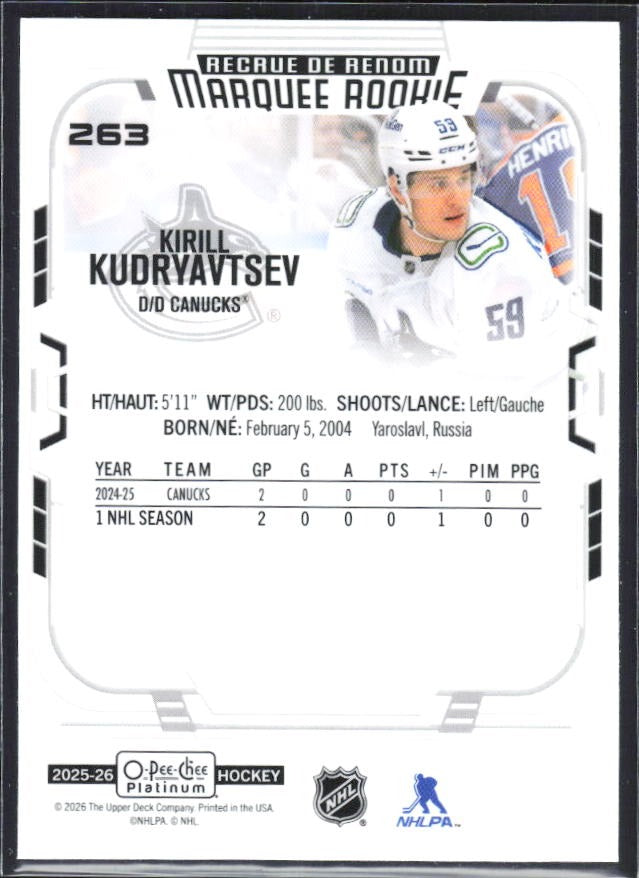 Kirill Kudryavtsev 2025-26 O-Pee-Chee Platinum Marquee Rookie #263 – baksida
