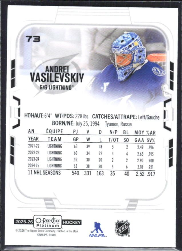 Andrei Vasilevskiy 2025-26 O-Pee-Chee Platinum #73 – baksida