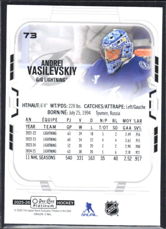 Andrei Vasilevskiy 2025-26 O-Pee-Chee Platinum #73 – baksida