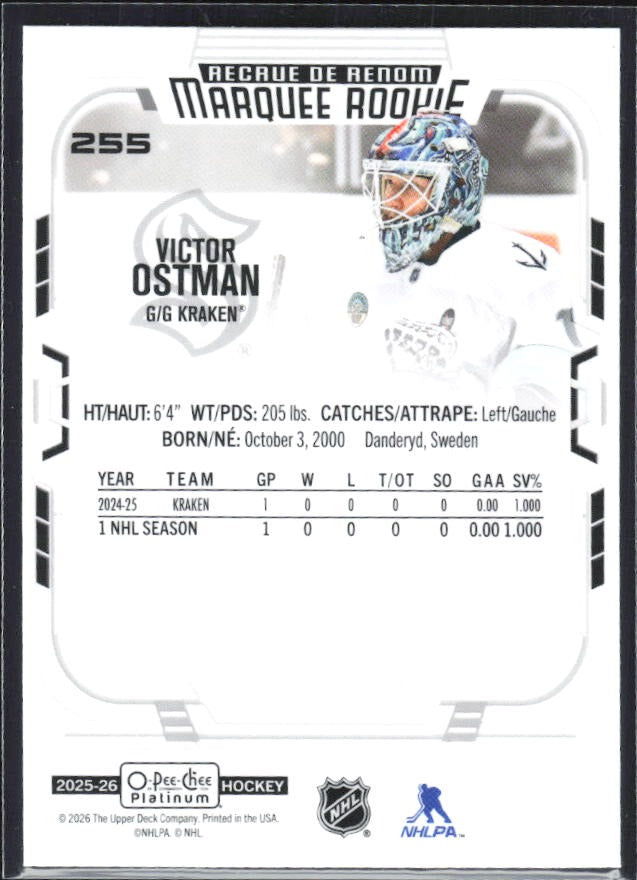 Victor Östman 2025-26 O-Pee-Chee Platinum Marquee Rookie #255 – baksida