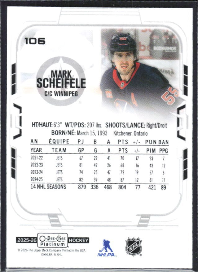 Mark Scheifele 2025-26 O-Pee-Chee Platinum #106 – baksida
