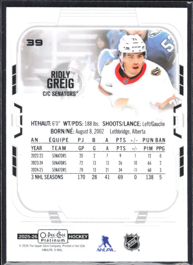Ridly Greig 2025-26 O-Pee-Chee Platinum #39 – baksida