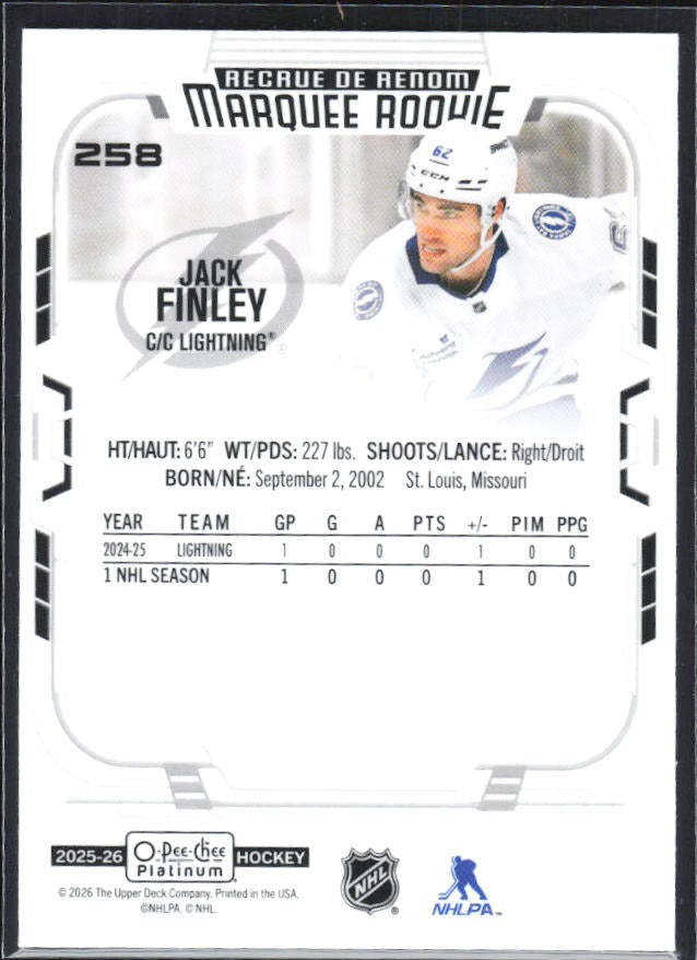Jack Finley 2025-26 O-Pee-Chee Platinum Marquee Rookie #258 – baksida