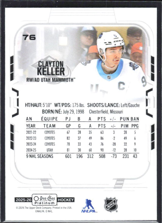 Clayton Keller 2025-26 O-Pee-Chee Platinum #76 – baksida