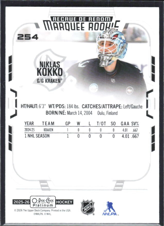 Niklas Kokko 2025-26 O-Pee-Chee Platinum Marquee Rookie #254 – baksida