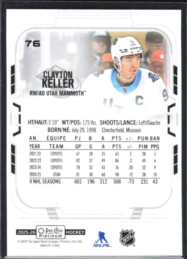 Clayton Keller 2025-26 O-Pee-Chee Platinum #76 – baksida