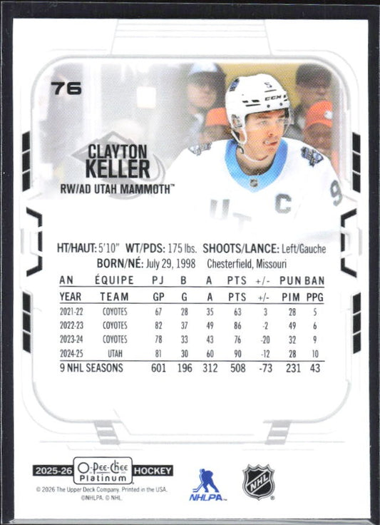 Clayton Keller 2025-26 O-Pee-Chee Platinum #76 – baksida