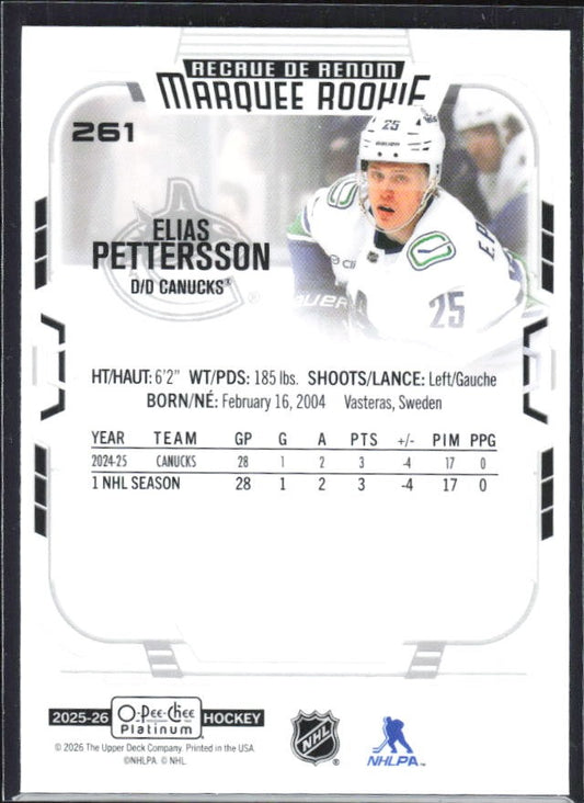 Elias Pettersson 2025-26 O-Pee-Chee Platinum Marquee Rookie #261 – baksida