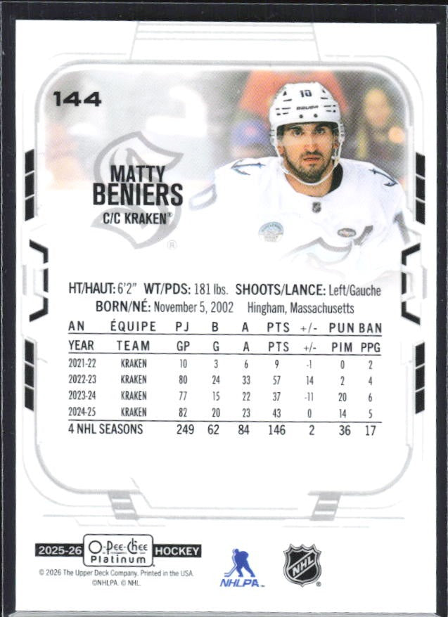 Matty Beniers 2025-26 O-Pee-Chee Platinum #144 – baksida