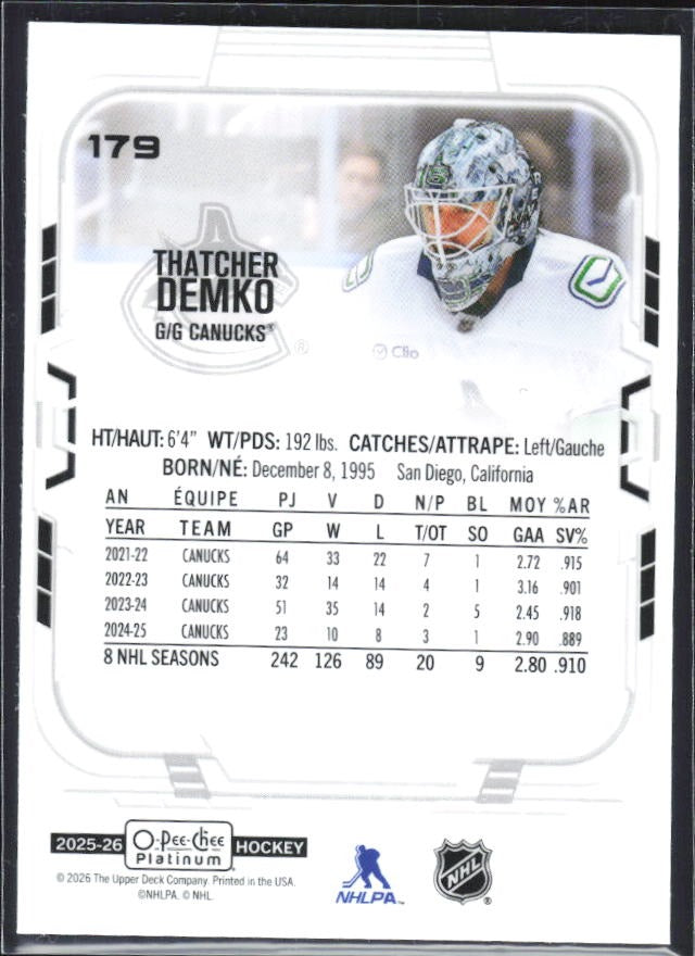 Thatcher Demko 2025-26 O-Pee-Chee Platinum #179 – baksida