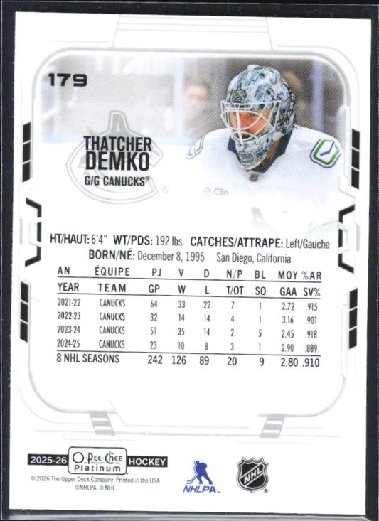 Thatcher Demko 2025-26 O-Pee-Chee Platinum #179 – baksida