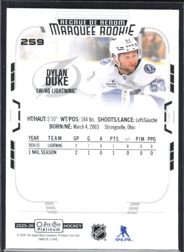 Dylan Duke 2025-26 O-Pee-Chee Platinum Marquee Rookie #259 – baksida