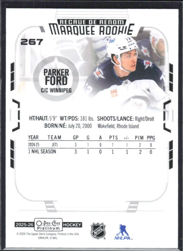 Parker Ford 2025-26 O-Pee-Chee Platinum Marquee Rookie #267 – baksida
