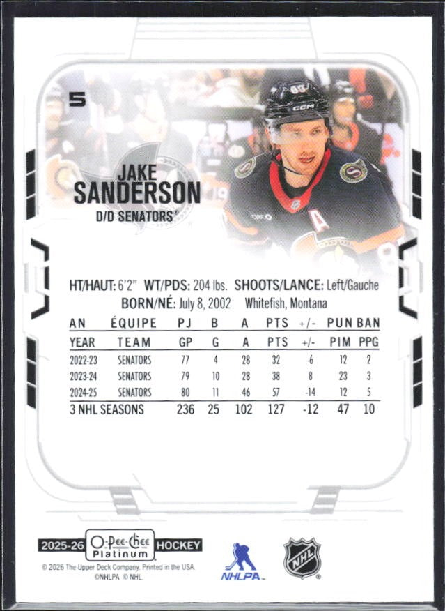 Jake Sanderson 2025-26 O-Pee-Chee Platinum #5 – baksida