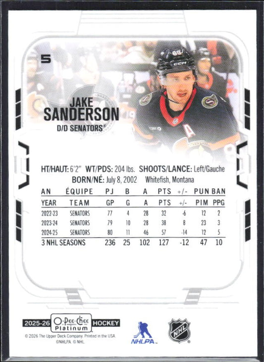 Jake Sanderson 2025-26 O-Pee-Chee Platinum #5 – baksida