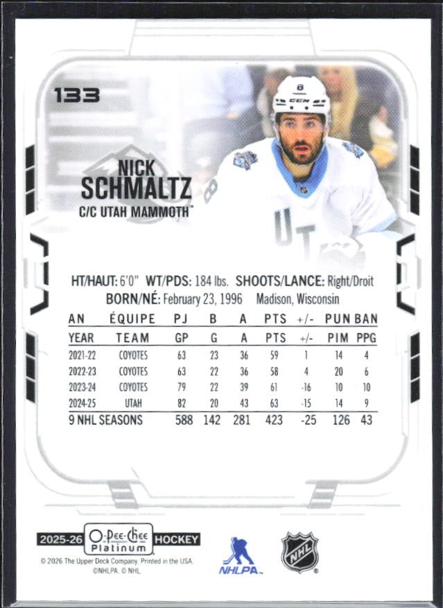 Nick Schmaltz 2025-26 O-Pee-Chee Platinum #133 – baksida